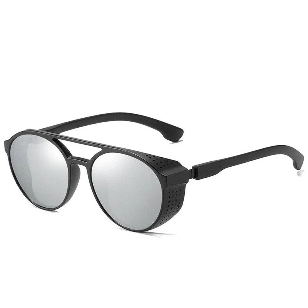Mens Steampunk Outfit Sunglasses Matte Black Silver Mirror Lens Side Shields New